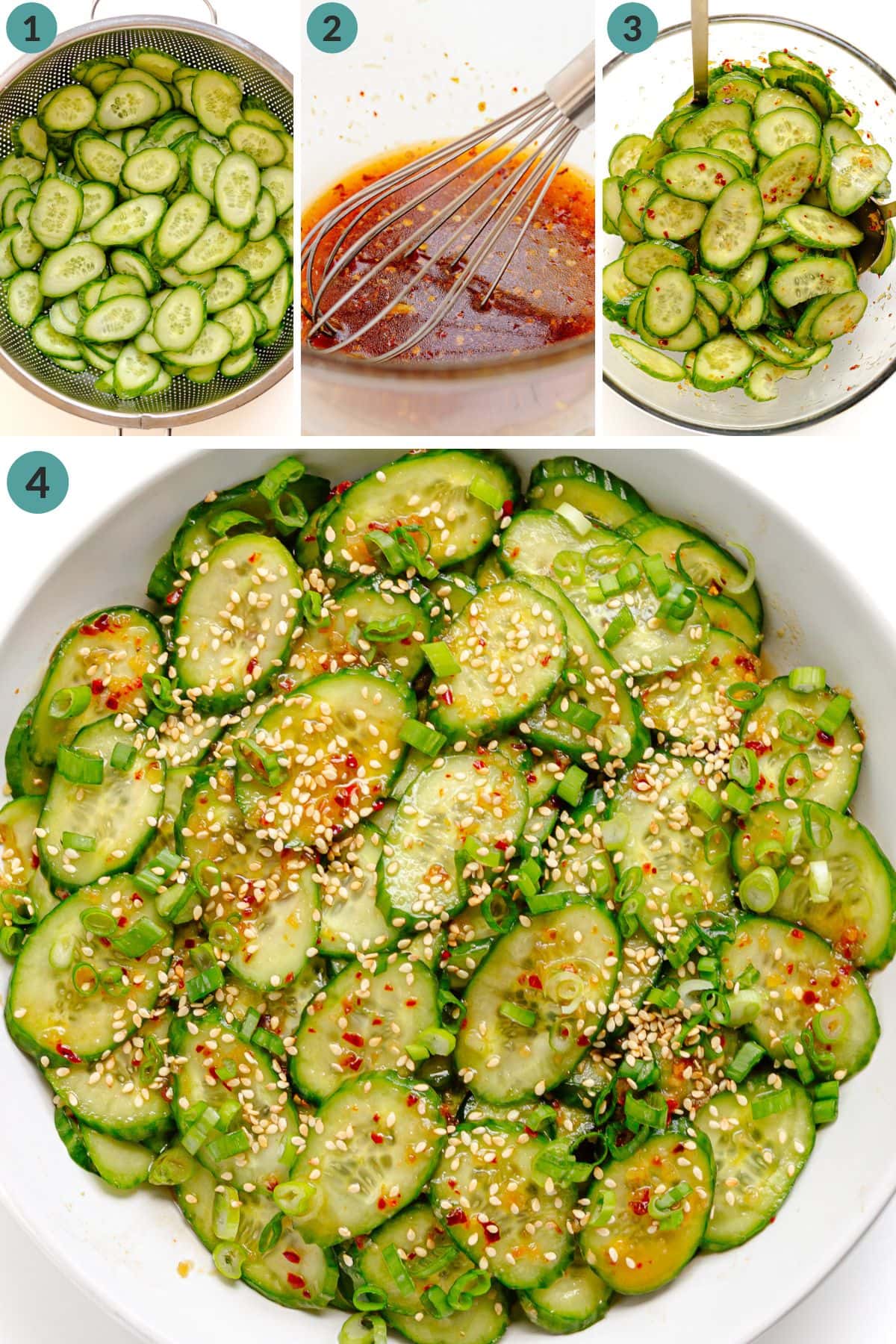 Numbered photo collage showing how to make spicy chili crisp cucumber salad.