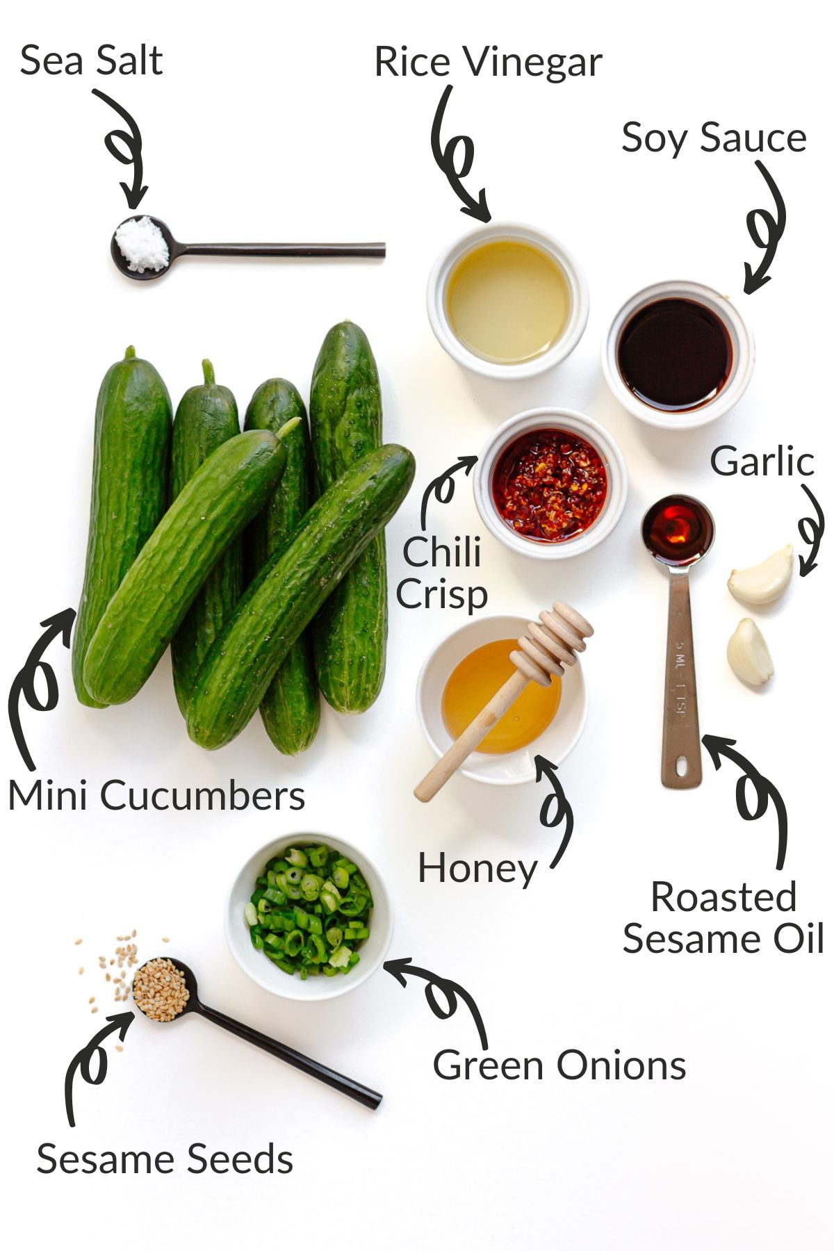 Labelled photo of ingredients needed to make spicy chili crisp cucumber salad.