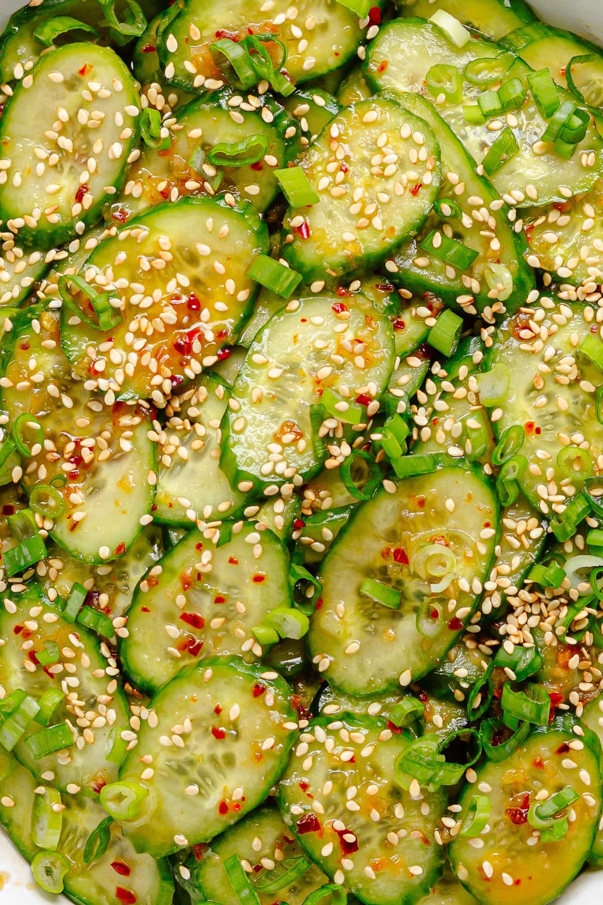 Close up of spicy cucumber salad.