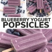 Pinterest collage graphic for blueberry yogurt popsicles recipe.