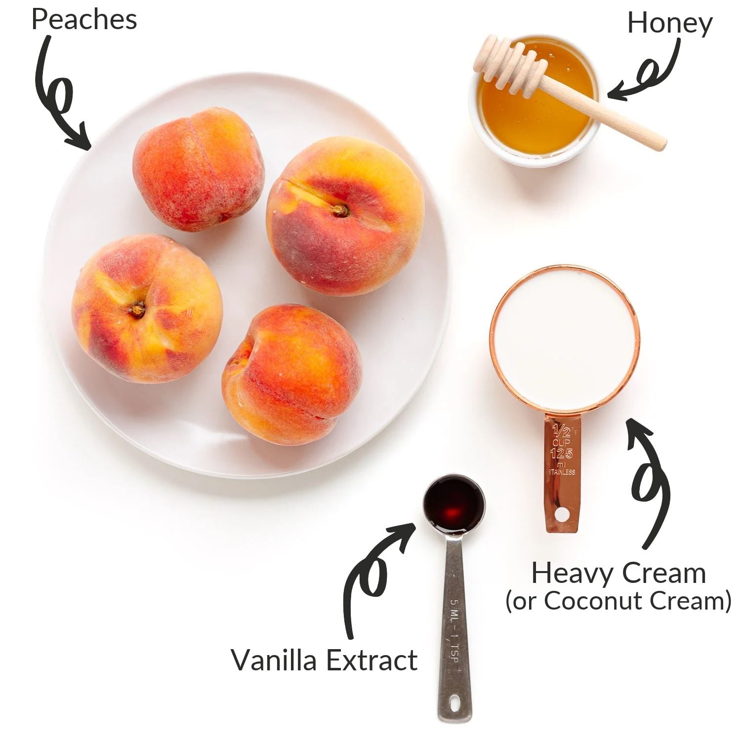 Labelled photo of ingredients needed to make creamy peach popsicles.