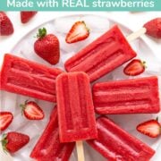 Pinterest graphic for strawberry popsicles recipe made with fresh strawberries.