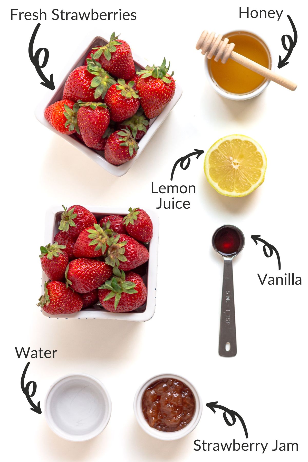 Labelled photo of ingredients needed to make the best homemade strawberry popsicles.