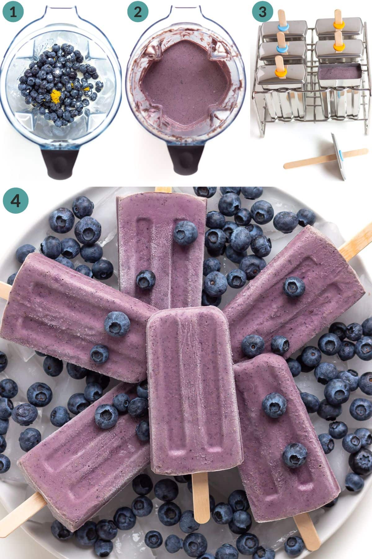 Numbered photo collage showing how to make blueberry yogurt popsicles.