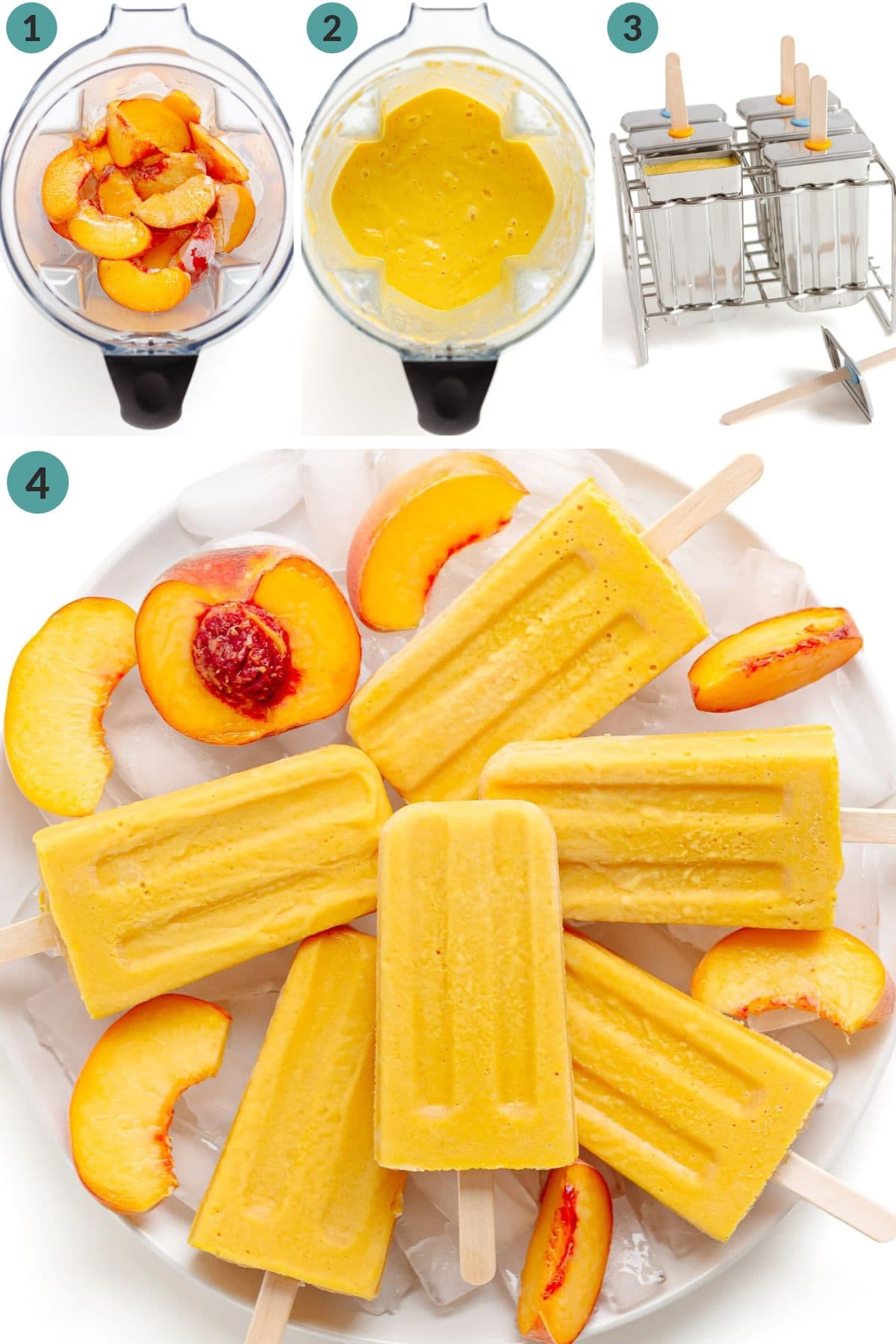 Numbered photo collage showing how to make peach popsicles.