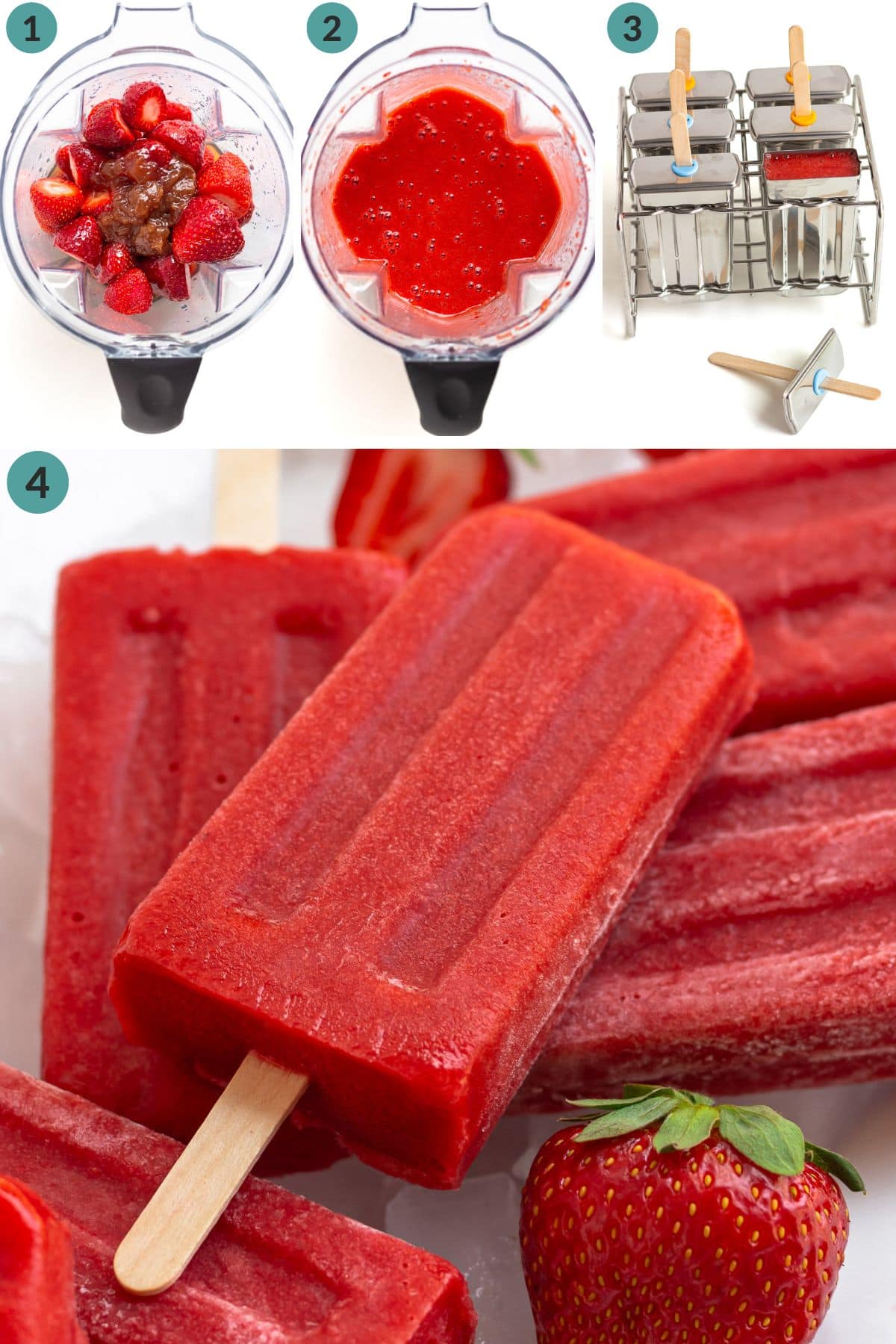 Numbered photo collage showing how to make strawberry popsicles.