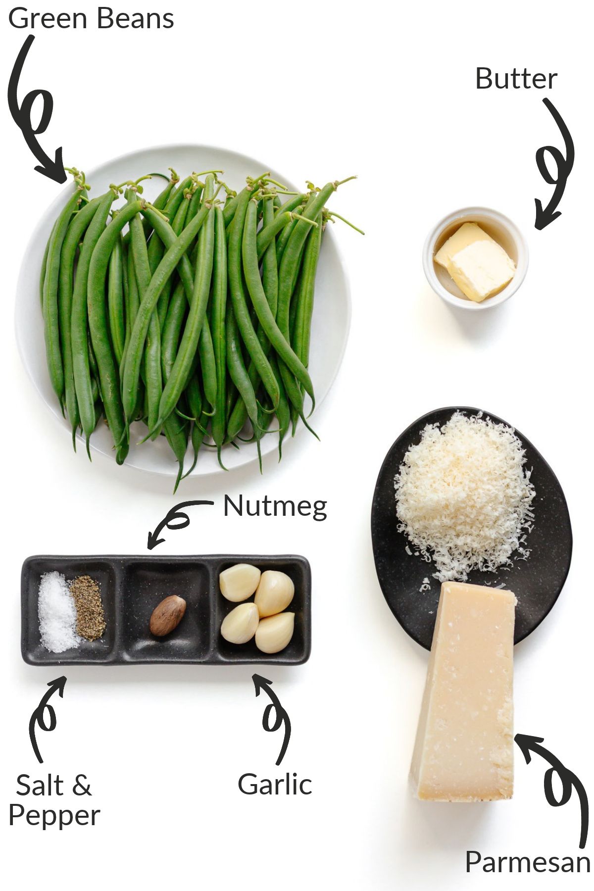 Labelled photo of ingredients needed to make garlic butter parmesan green beans.