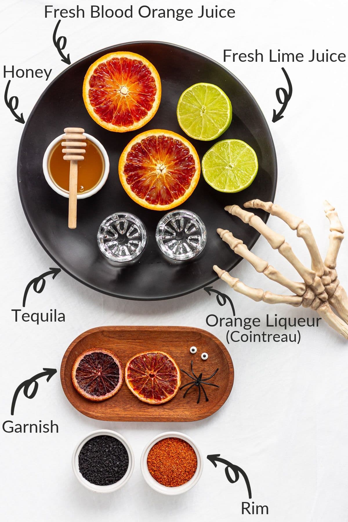 Labelled photo of ingredients needed to make a Halloween blood orange margarita.