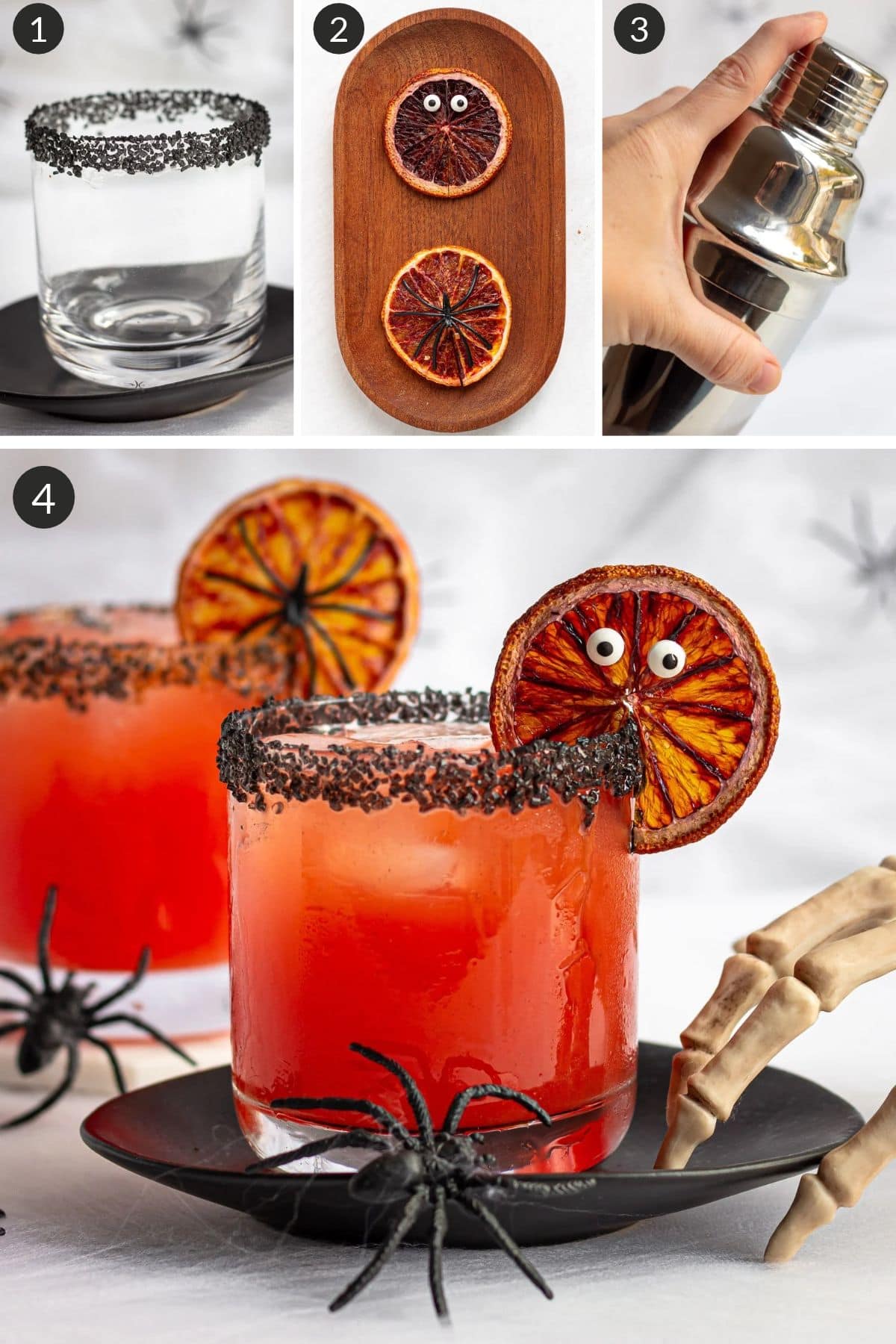 Numbered photo collage showing how to make a Halloween margarita.